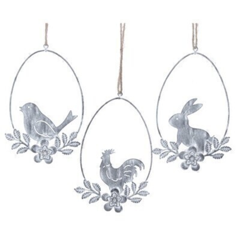 If you are looking for some Easter decorations for your Easter Tree then be sure not to miss these metal easter egg shaped hanging decorations by designer Gisela Graham. Choice of 3 available - Bird Hen or Rabbit (please specify when ordering which one you would like) If three are ordered we will send you one of each. Comes complete with string to hang on your Easter Tree. Size: (LxWxD) 17x11x1cm
